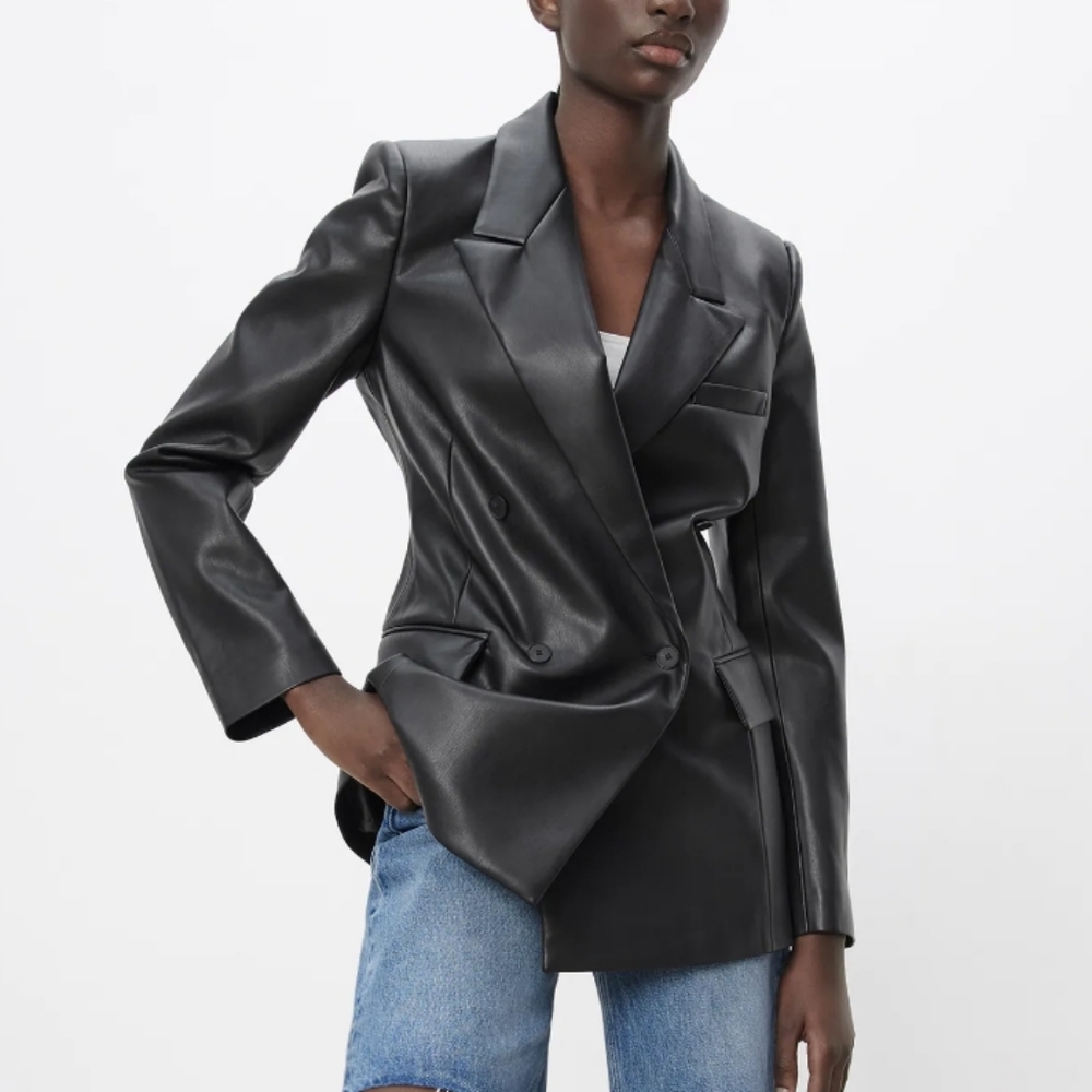Zara black faux leather double breasted blazer